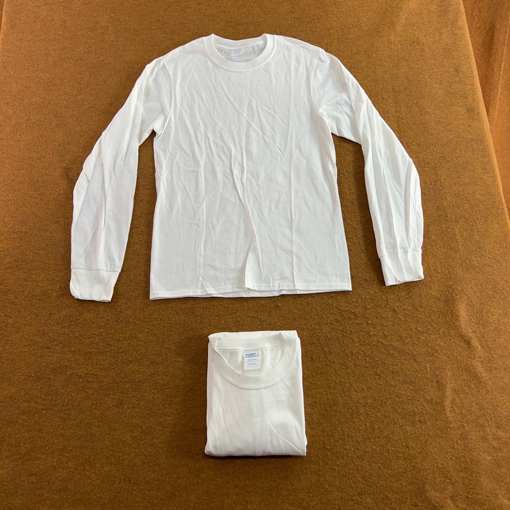 Port & Company Mens Small White Core Cotton Long Sleeve Crew Neck T-Shirt New
